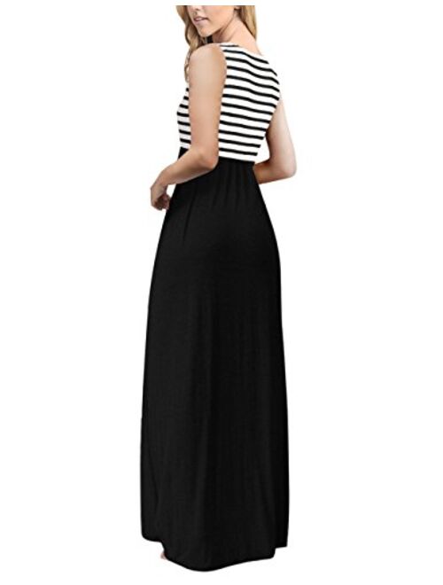 MEROKEETY Women's Summer Striped Sleeveless Crew Neck Long Maxi Dress Dress with Pockets