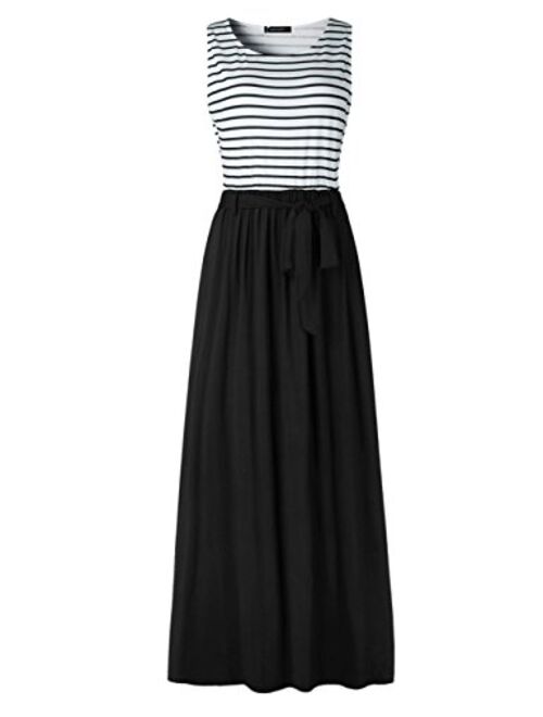 MEROKEETY Women's Summer Striped Sleeveless Crew Neck Long Maxi Dress Dress with Pockets