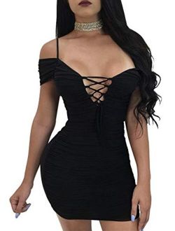 TOB Women's Sexy Bodycon Ruched Off Shoulder Lace Up Club Mini Dress