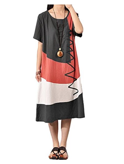 Romacci Women Baggy House Dress Plus Size Pockets O Neck Short Sleeves Casual Loose Dress Cotton Vintage Dress