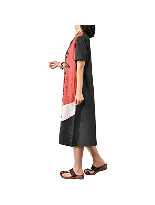 Romacci Women Baggy House Dress Plus Size Pockets O Neck Short Sleeves Casual Loose Dress Cotton Vintage Dress