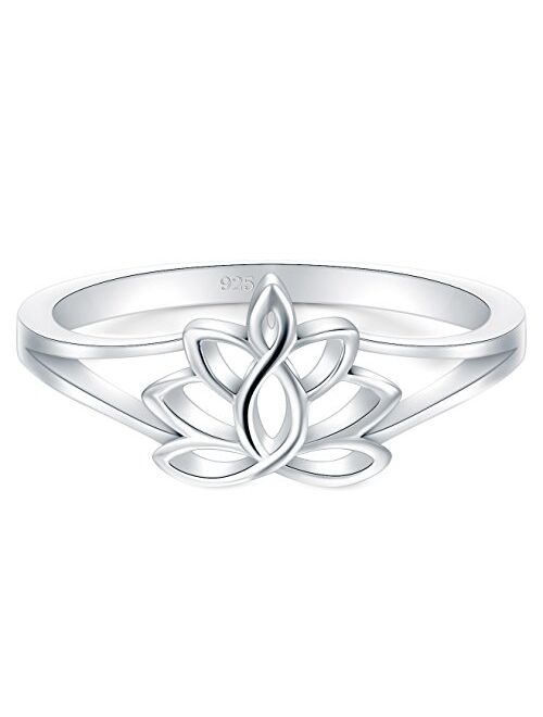 BORUO 925 Sterling Silver Ring, Lotus Flower Yoga High Polish Tarnish Resistant Comfort Fit Wedding Band 2mm Ring