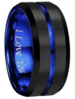 CROWNAL 4mm 6mm 8mm 10mm Blue/Rose Gold Groove Black Matte Finish Tungsten Carbide Wedding Band Ring Engraved I Love You Size 4 to 17