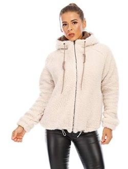 Women's New Hooded Sherpa Jacket Women Casual Winter Warm Soft Teddy Coat Zip Up Hooded Sweatshirt Jacket Coat