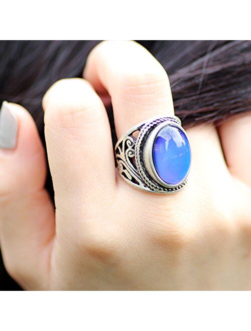 MOJO JEWELRY Mood Ring Changing Color for Adults Antique Sterling Silver Plating Vintage Statement Rings Women RS019