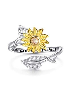 Sterling Silver You are My Sunshine Sunflower CZ Heart Ring Adjustable Size 5-9
