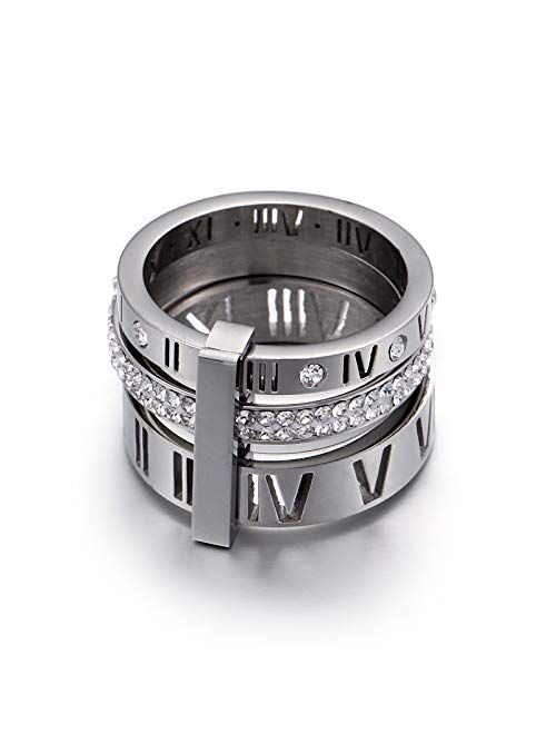 PAMTIER Women's Stainless Steel with Zirconia Roman Numerals 3 in 1 Ring