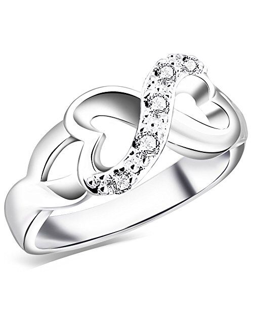 BOHG Jewelry Womens Fashion Silver-Plate Cubic Zirconia CZ Heart Infinity Symbol Ring Wedding Band