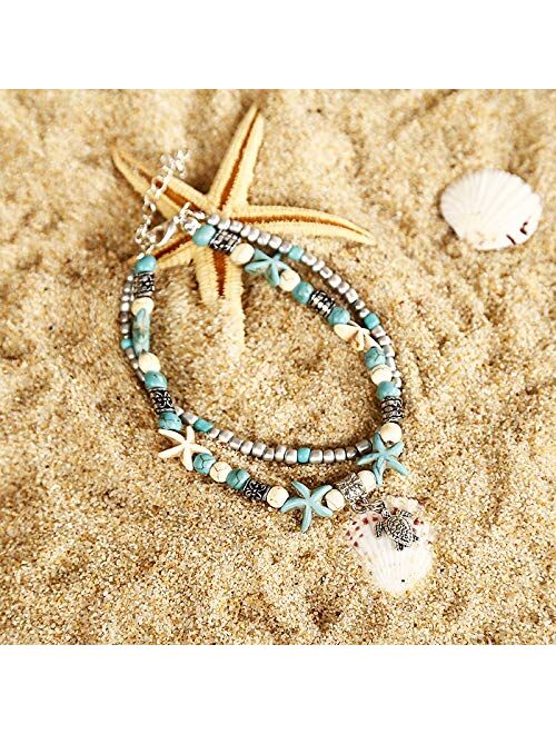 Softones Blue Starfish Turtle Anklet Multilayer Charm Beads Sea Handmade Boho Anklet Foot Jewelry for Women Girl