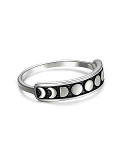 Angol Sterling Silver Moon Phase Ring, 925 Silver Vintage Moon Ring for Women Teens, Vintage Stacking Finger Ring Black Band Jewelry Size 6 7 8 9 10