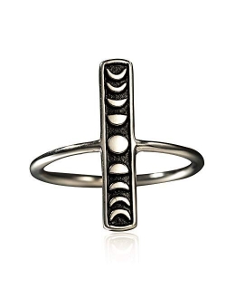 Angol Sterling Silver Moon Phase Ring, 925 Silver Vintage Moon Ring for Women Teens, Vintage Stacking Finger Ring Black Band Jewelry Size 6 7 8 9 10