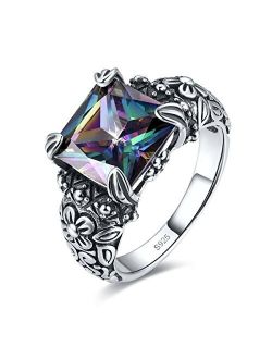 Merthus Antique 925 Sterling Silver Floral Band Created Mystic Rainbow Topaz Gemstone Ring for Women