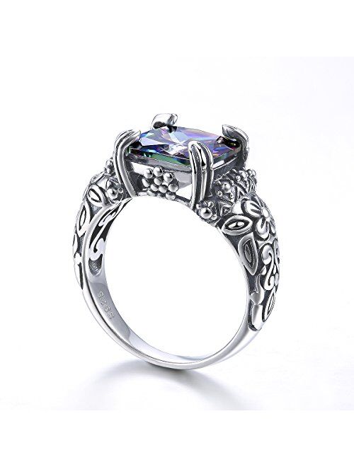 Merthus Antique 925 Sterling Silver Floral Band Created Mystic Rainbow Topaz Gemstone Ring for Women