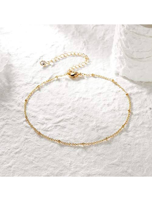 Women Dainty Anklet,14K Gold Plated Satellite Anklet Double Layered Cute Beads Chain Tassel Coin Disc Heart Summer Ankle Bracelet Boho Beach Foot Chain