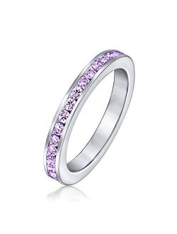 Cubic Zirconia Stackable CZ Channel Set Eternity Band Ring Simulated Gemstone 925 Sterling Silver 12 Birth Month Colors