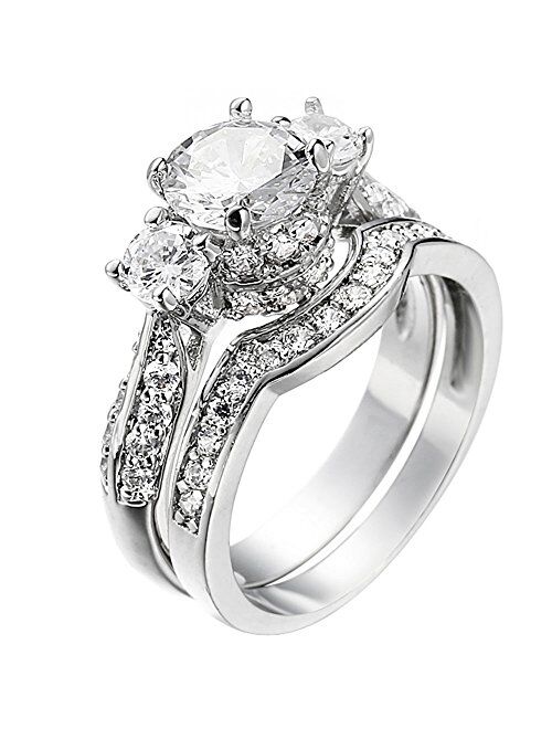 XAHH Wedding Band Engagement Ring Set for Women White Gold 2.5Ct Round White AAA Cz Size 5-11