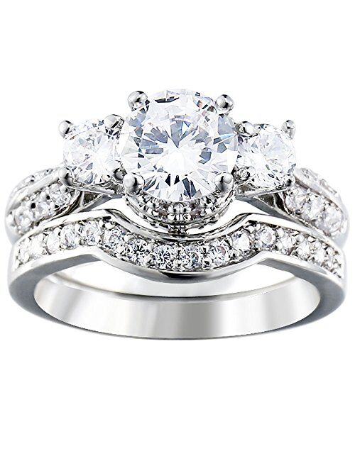 XAHH Wedding Band Engagement Ring Set for Women White Gold 2.5Ct Round White AAA Cz Size 5-11
