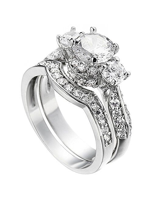 XAHH Wedding Band Engagement Ring Set for Women White Gold 2.5Ct Round White AAA Cz Size 5-11