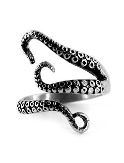 Weelovee 316L Titanium Steel Punk Antique Octopus Ring for Mens Women Adjustable Size Design Jewelry Set Unisex Silver