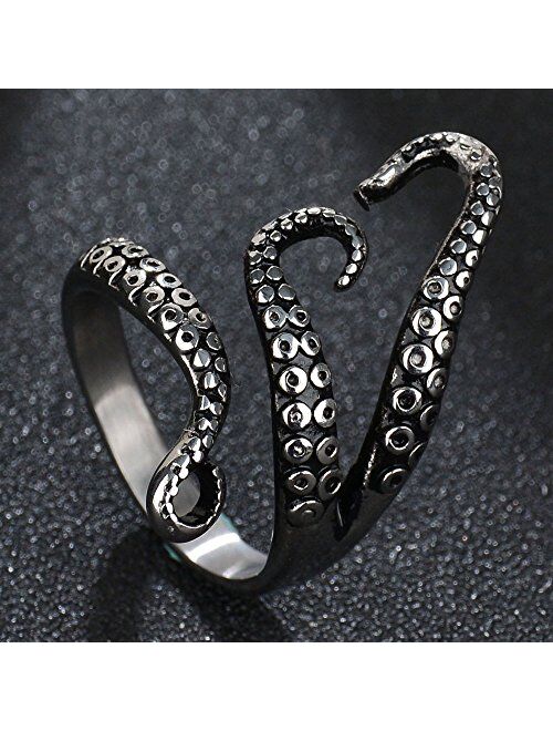 Weelovee 316L Titanium Steel Punk Antique Octopus Ring for Mens Women Adjustable Size Design Jewelry Set Unisex Silver