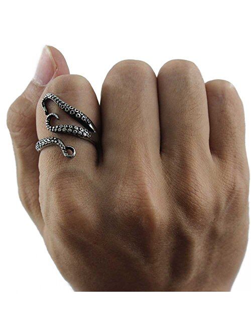 Weelovee 316L Titanium Steel Punk Antique Octopus Ring for Mens Women Adjustable Size Design Jewelry Set Unisex Silver