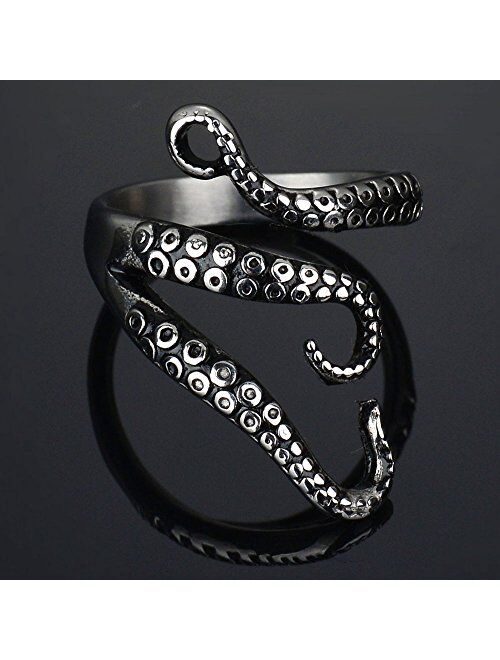 Weelovee 316L Titanium Steel Punk Antique Octopus Ring for Mens Women Adjustable Size Design Jewelry Set Unisex Silver