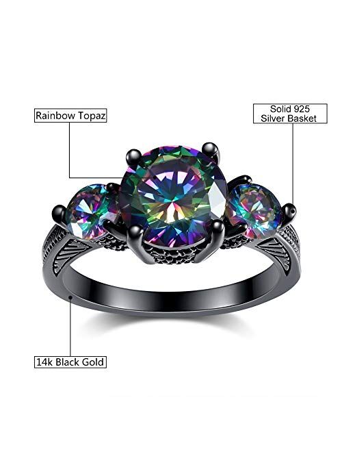Bamos Premium Quality Black Wedding Rings for Women, 14K Black Engagement Ring with 3 Rainbow Topaz, Gothic Ring for Women and Girls