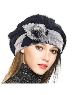 VECRY Lady French Beret 100% Wool Beret Floral Dress Beanie Winter Hat