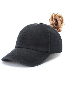 Leotruny Women Washed Cotton High Ponytail Baseball Cap