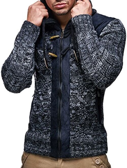 Leif Nelson LN20525 Men's Knit Zip-up Jacket With Geometric Patterns and Leather Accents