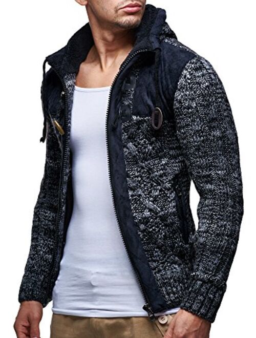 Leif Nelson LN20525 Men's Knit Zip-up Jacket With Geometric Patterns and Leather Accents