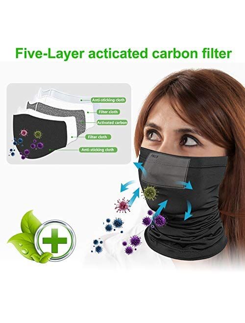 NiUB5 Neck Gaiter Set of 2 Multi-Purpose Bandana Balaclava Face Covering Headwear with 20PCS PM 2.5 Activated Carbon Filter