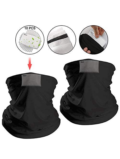 NiUB5 Neck Gaiter Set of 2 Multi-Purpose Bandana Balaclava Face Covering Headwear with 20PCS PM 2.5 Activated Carbon Filter