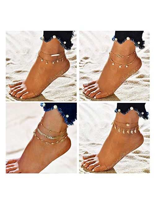 KOHOTA 20Pcs Ankle Bracelets for Women Silver Gold Anklet Set Boho Anklets Bracelets Layered Adjustable Chain Beach Barefoot Foot Jewelry