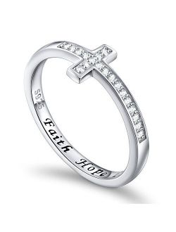 DAOCHONG Inspirational Jewelry Sterling Silver Faith Hope Love Sideways Cross Ring, Size 5-10