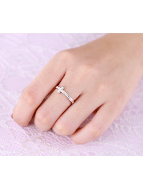 DAOCHONG Inspirational Jewelry Sterling Silver Faith Hope Love Sideways Cross Ring, Size 5-10