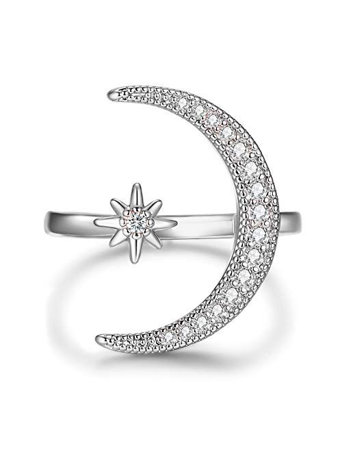 Angol Crescent Moon Star Adjustable Ring, 925 Sterling Silver Moon Ring Cubic Zirconia Opening Ring Jewelry Gift for Women Teens with Gift Box