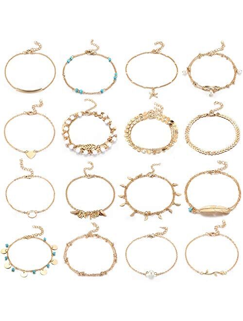 Yaomiao 16 Pieces Beach Ankle Bracelets Adjustable Anklets Boho Ankle Chains Foot Jewelry Set for Women Girls