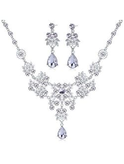 Dxhycc Silver Alloy Rhinestone Earrings Crystal Pendant Necklace Bridal Jewelry Set (White)