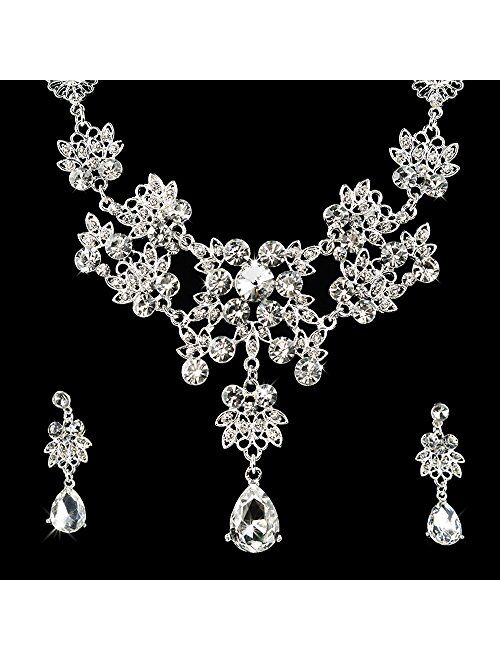 Dxhycc Silver Alloy Rhinestone Earrings Crystal Pendant Necklace Bridal Jewelry Set (White)