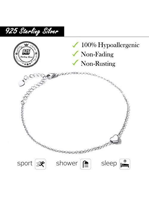 ChicSilver Personalized 925 Sterling Silver Tiny Heart/Moon/Star/Sun/Dot/Triangle Anklets Simple Dainty Foot Jewelry for Women, Silver/Gold/Rose Gold(with Gift Box)