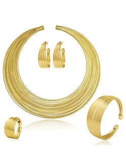 MOOCHI Gold Plated African Multiple Strands Choker Women Necklace Earrings Chunky Costume Statement Jewelry Set