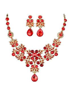 Dxhycc Silver Red Alloy Rhinestone Earrings Crystal Pendant Necklace Bridal Jewelry Set (Red)