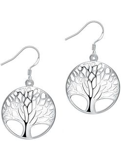 Tree of Life Earrings,Fashion Jewelry Sterling Silver Plated Tree Pendants Drop Dangle Earrings Necklace Set for Women Girls
