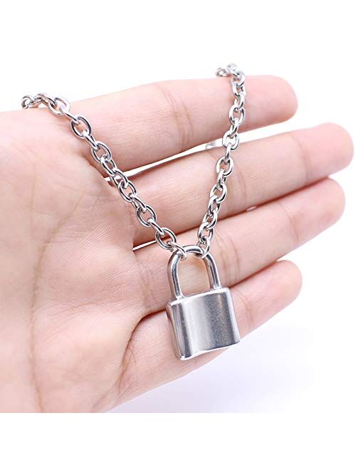 7th Moon Lock Pendant Necklace Statement Long Chain Punk Multilayer Choker Necklace for Women Girls (Silver)