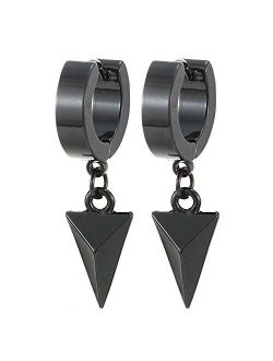 Black Dangling Triangle Pyramid Huggie Hinged Earrings for Men Women, Stainless Steel, 2pcs