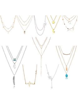 10/12 PCS Multiple DIY Layered Choker Necklace Pack for Teens - Gold Y Pendant Necklace for Women - Gold Silver Chokers for Teen Girls