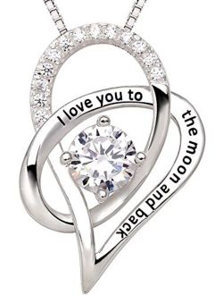 ALOV Jewelry Sterling Silver I Love You to The Moon and Back Love Heart Cubic Zirconia Pendant Necklace