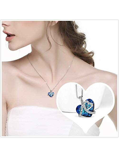 Sterling Silver"I Love You Forever" Heart Pendant Necklace with Blue Swarovski Crystals