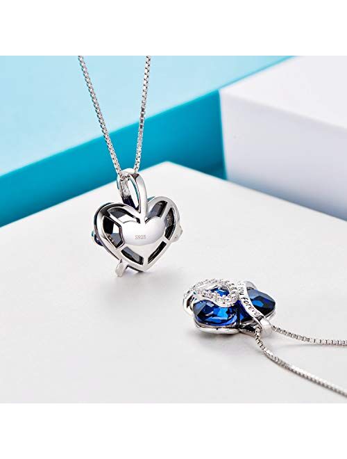 Sterling Silver"I Love You Forever" Heart Pendant Necklace with Blue Swarovski Crystals